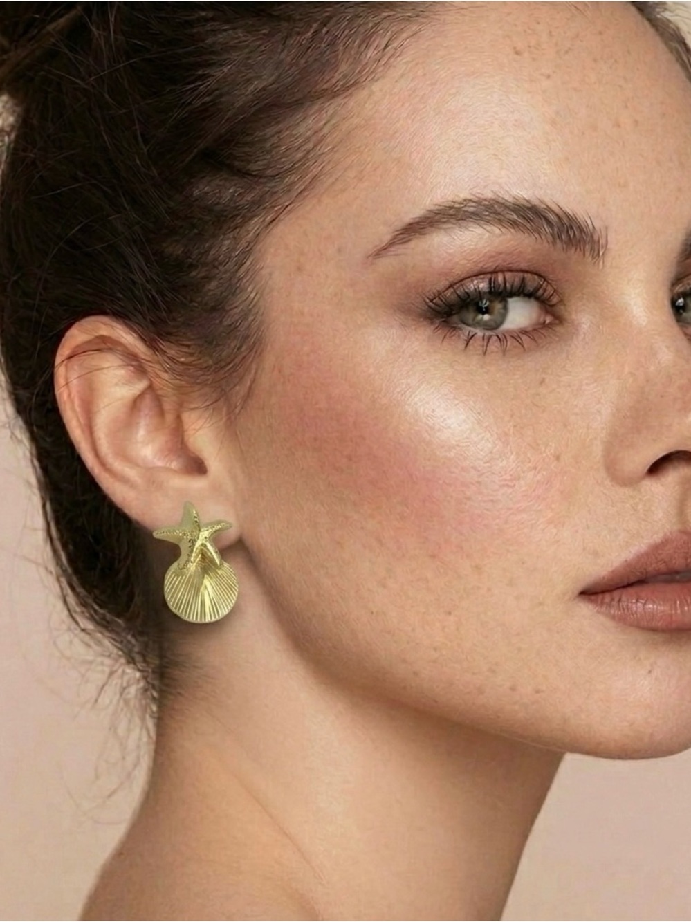 14k Gold Plated Starfish & Seashell Stud Earrings - Dainty Beach Jewelry - Picture 8 of 11